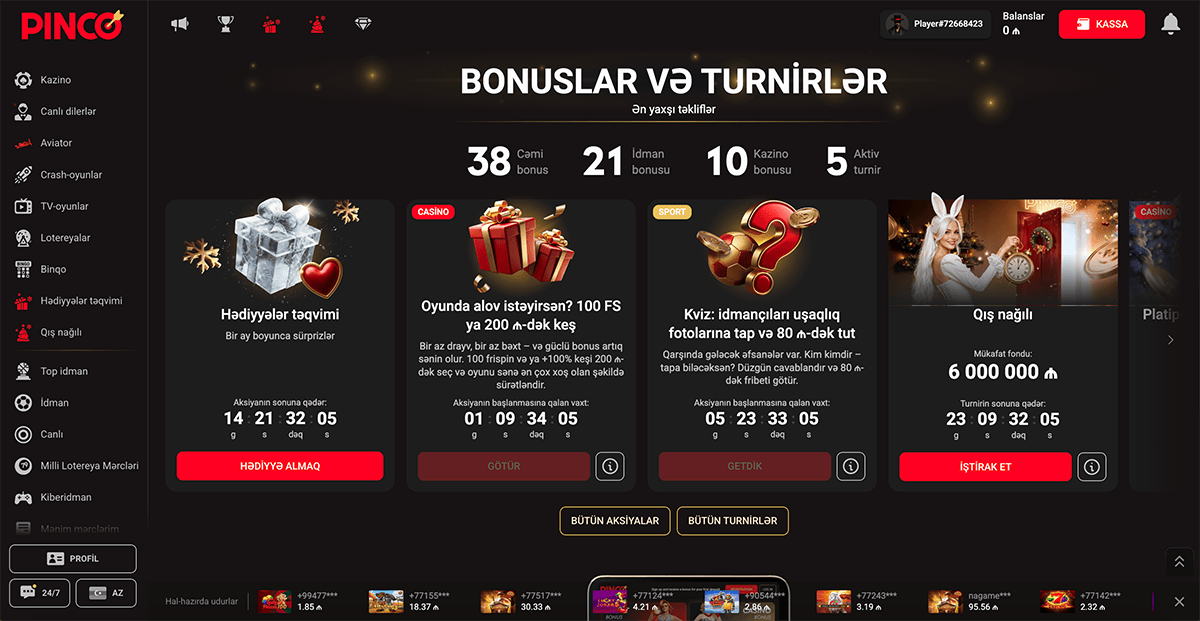 Pinco kazinonun bonusları